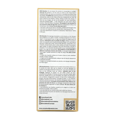 Surya Brasil Henna Cream Burgundy back panel with safety warnings, patch test instructions, QR code, social media handles, website URL, and product benefits in English, Spanish, and French.