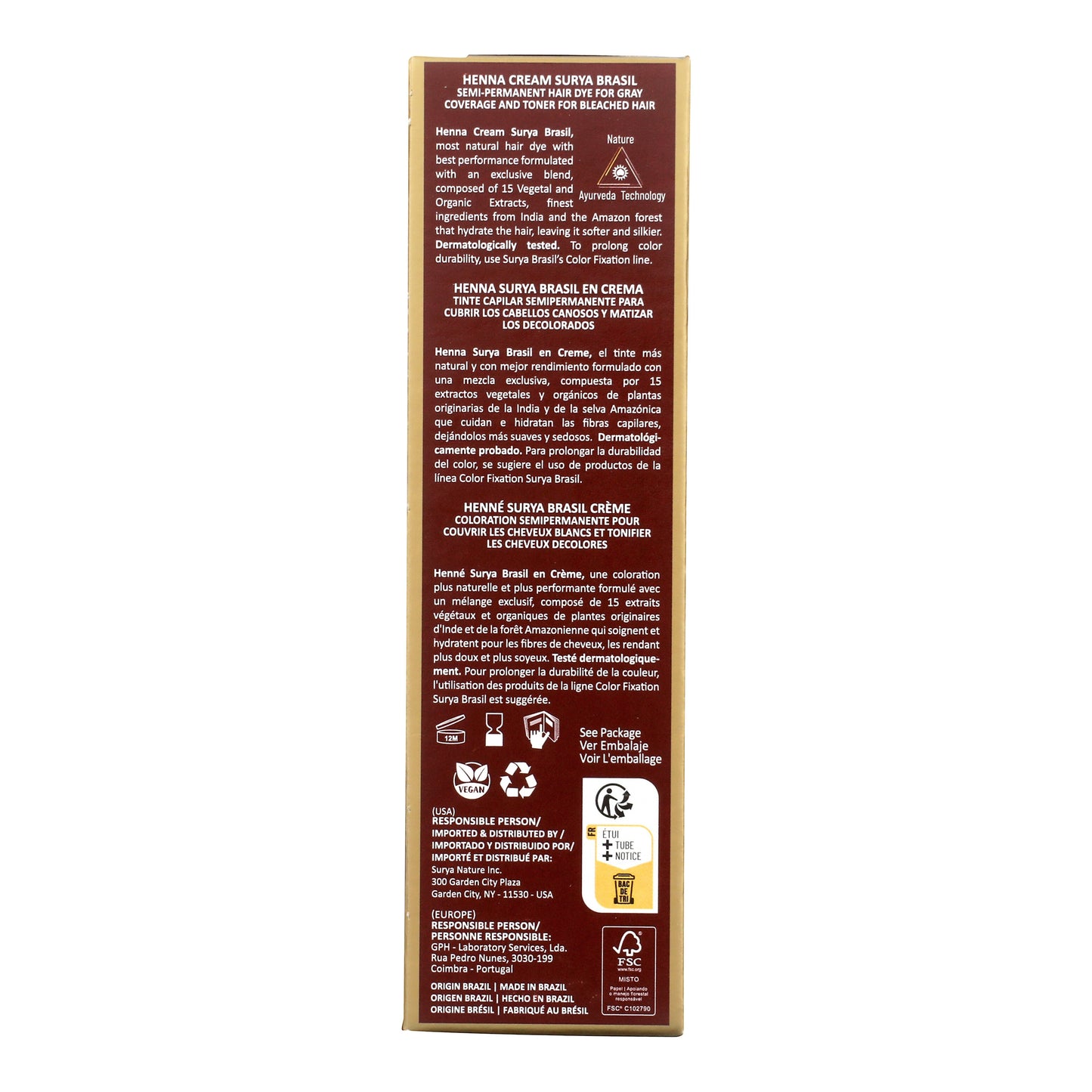Henna Cream Burgundy back box panel showing natural ingredients, gray coverage benefits, sustainable packaging symbols, and usage instructions, highlighting eco-friendly, plant-based hair nourishment.