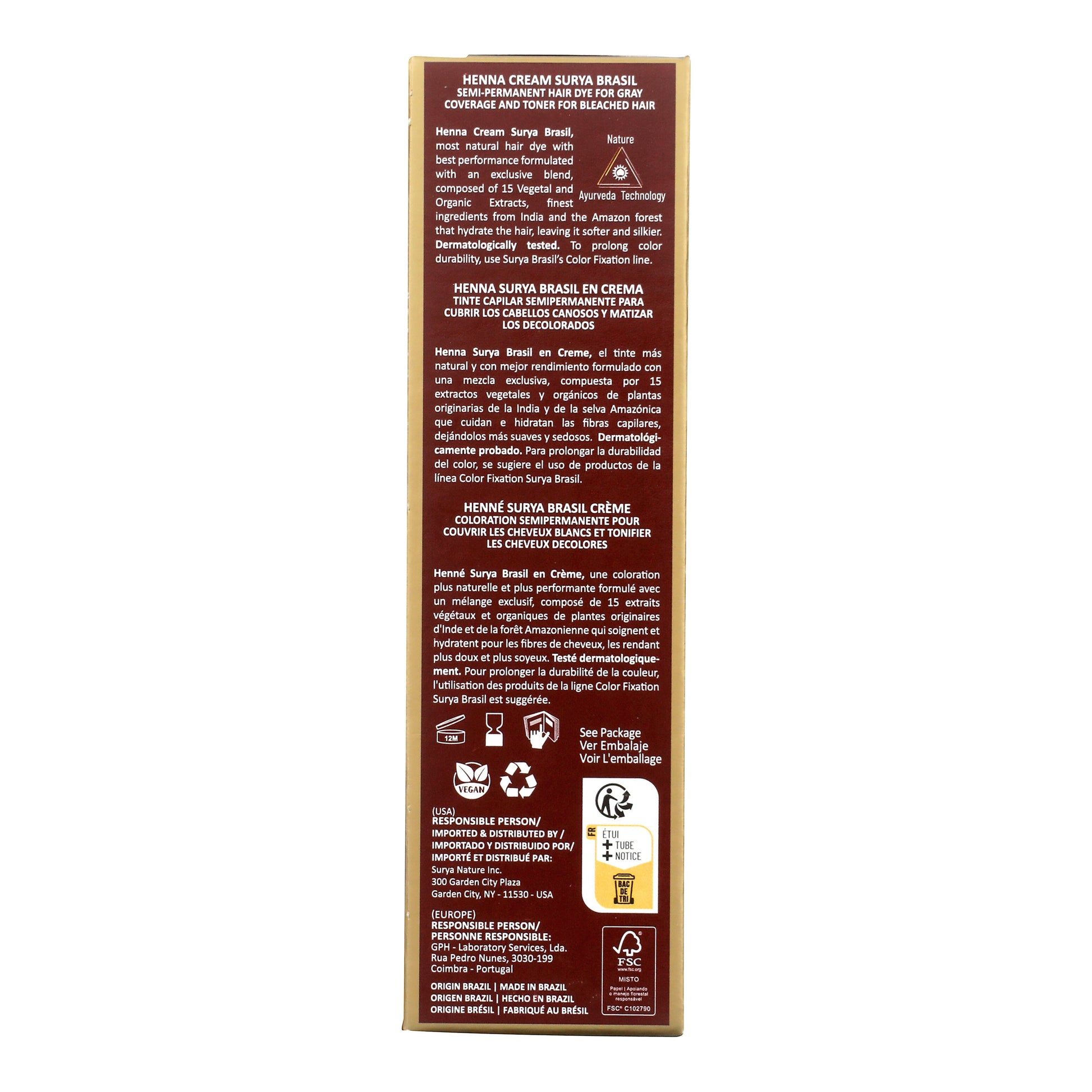 Henna Cream Burgundy back box panel showing natural ingredients, gray coverage benefits, sustainable packaging symbols, and usage instructions, highlighting eco-friendly, plant-based hair nourishment.