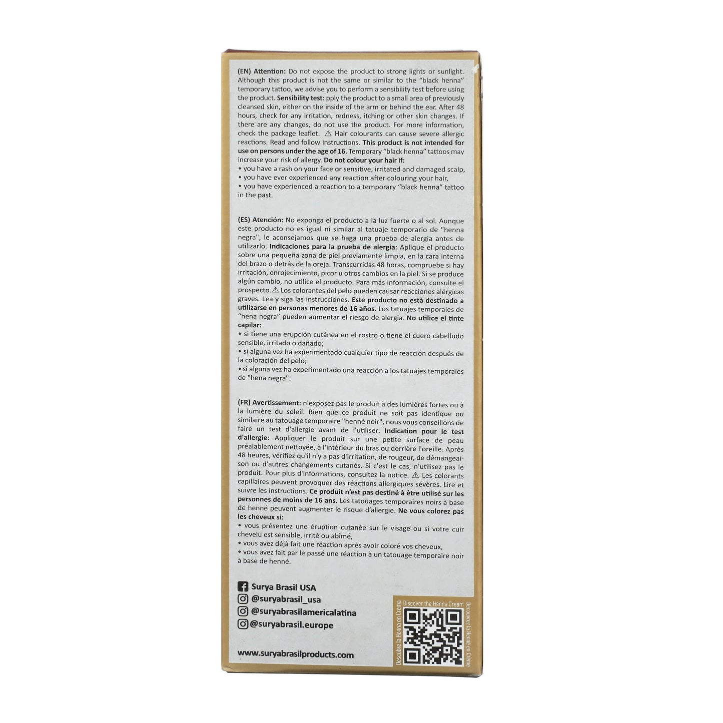 Back panel of Surya Brasil Henna Cream Chocolate box with safety warnings, social media handles, QR code, and product website; promotes natural, nourishing hair color.