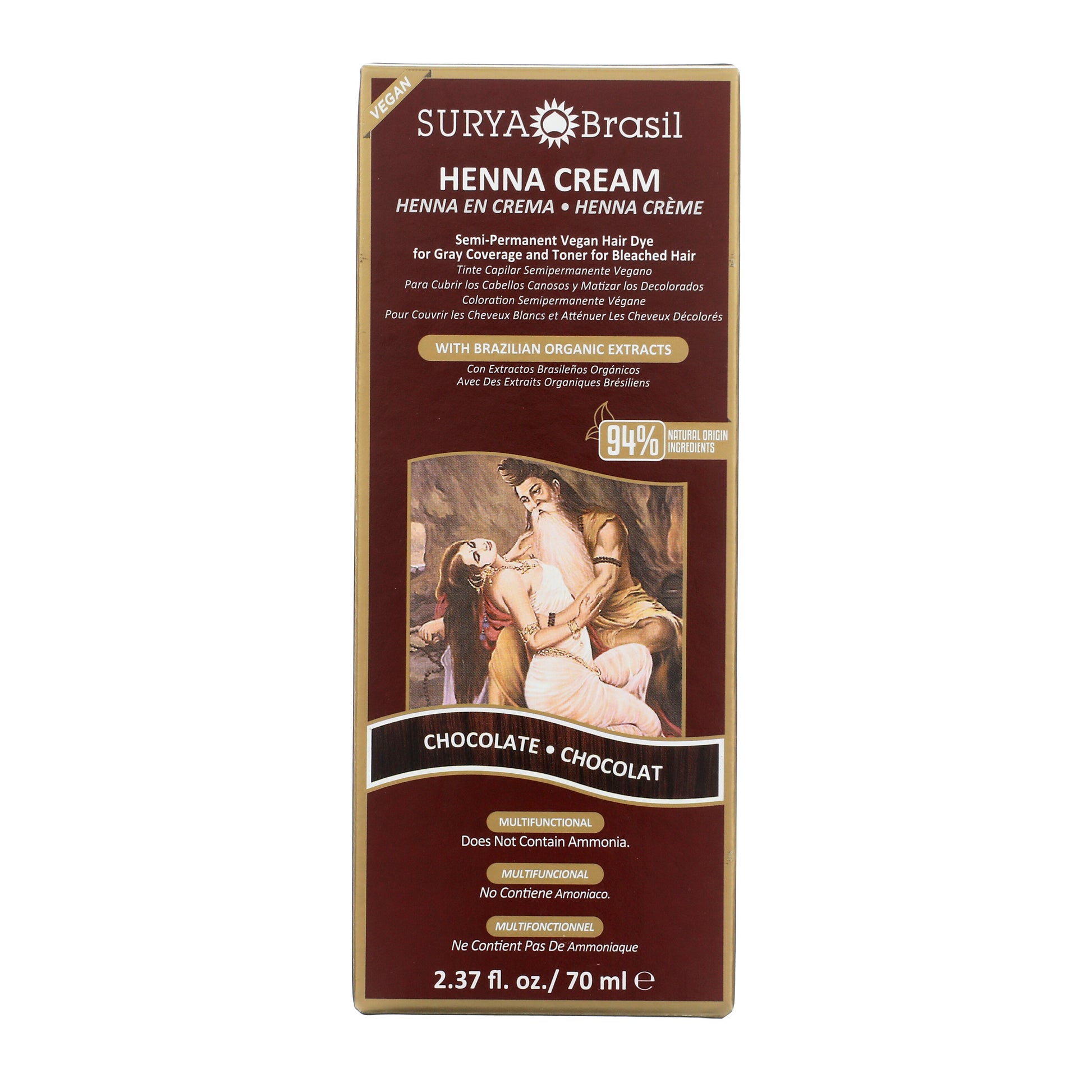 Surya Brasil Henna Cream Chocolate, 2.37 fl oz box, semi-permanent vegan hair dye for gray coverage, enriched with 94% natural-origin ingredients and Brazilian extracts.