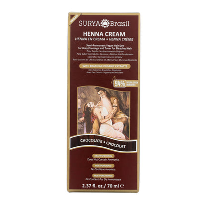 Surya Brasil Henna Cream Chocolate, 2.37 fl oz box, semi-permanent vegan hair dye for gray coverage, enriched with 94% natural-origin ingredients and Brazilian extracts.