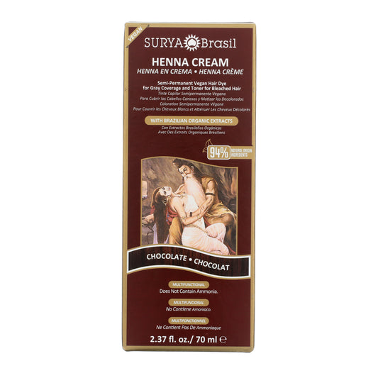 Surya Brasil Henna Cream Chocolate, 2.37 fl oz box, semi-permanent vegan hair dye for gray coverage, enriched with 94% natural-origin ingredients and Brazilian extracts.