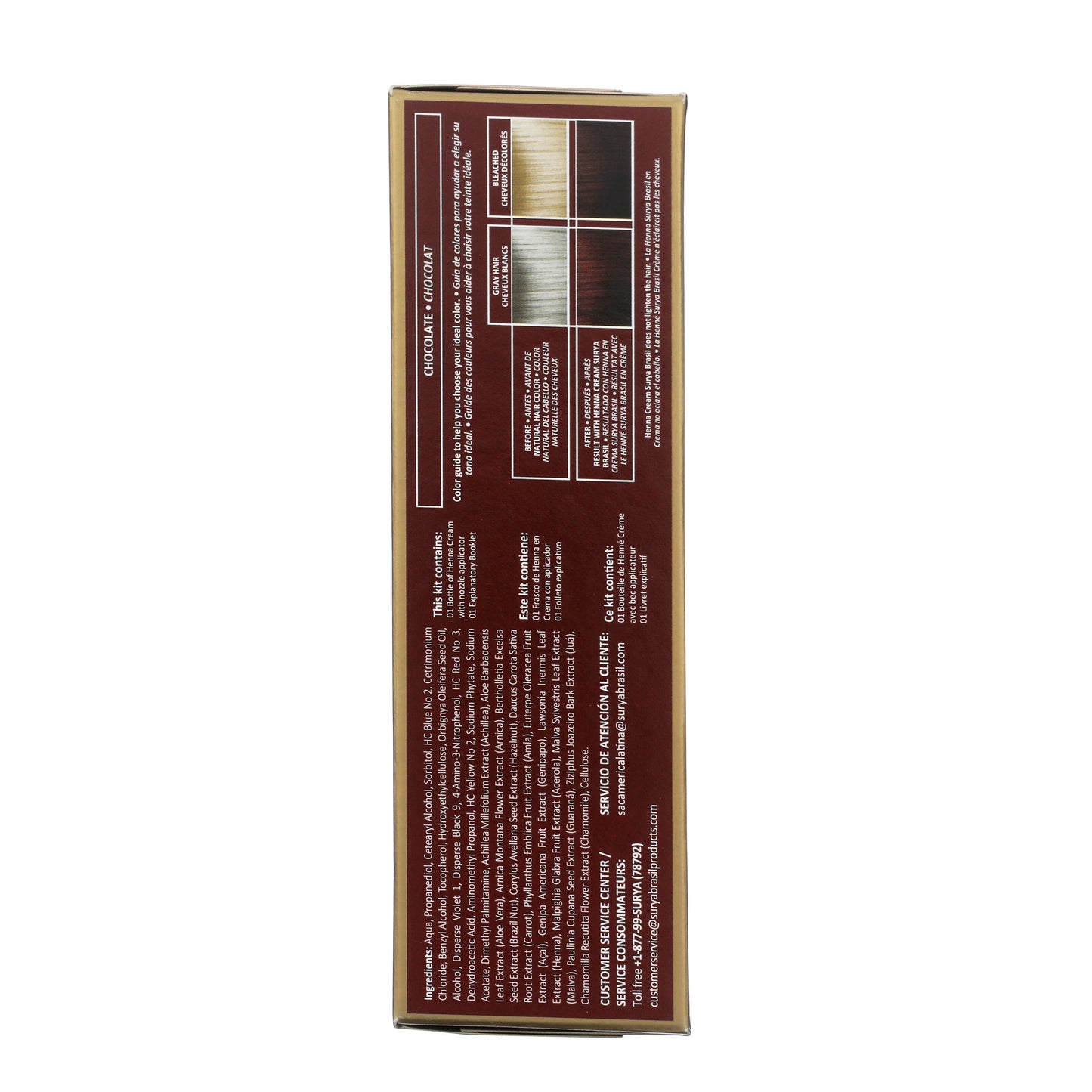 Surya Brasil Henna Cream Chocolate back panel showing shade guide, ingredients, kit contents, and product description emphasizing natural, eco-friendly, gentle hair coloring benefits.