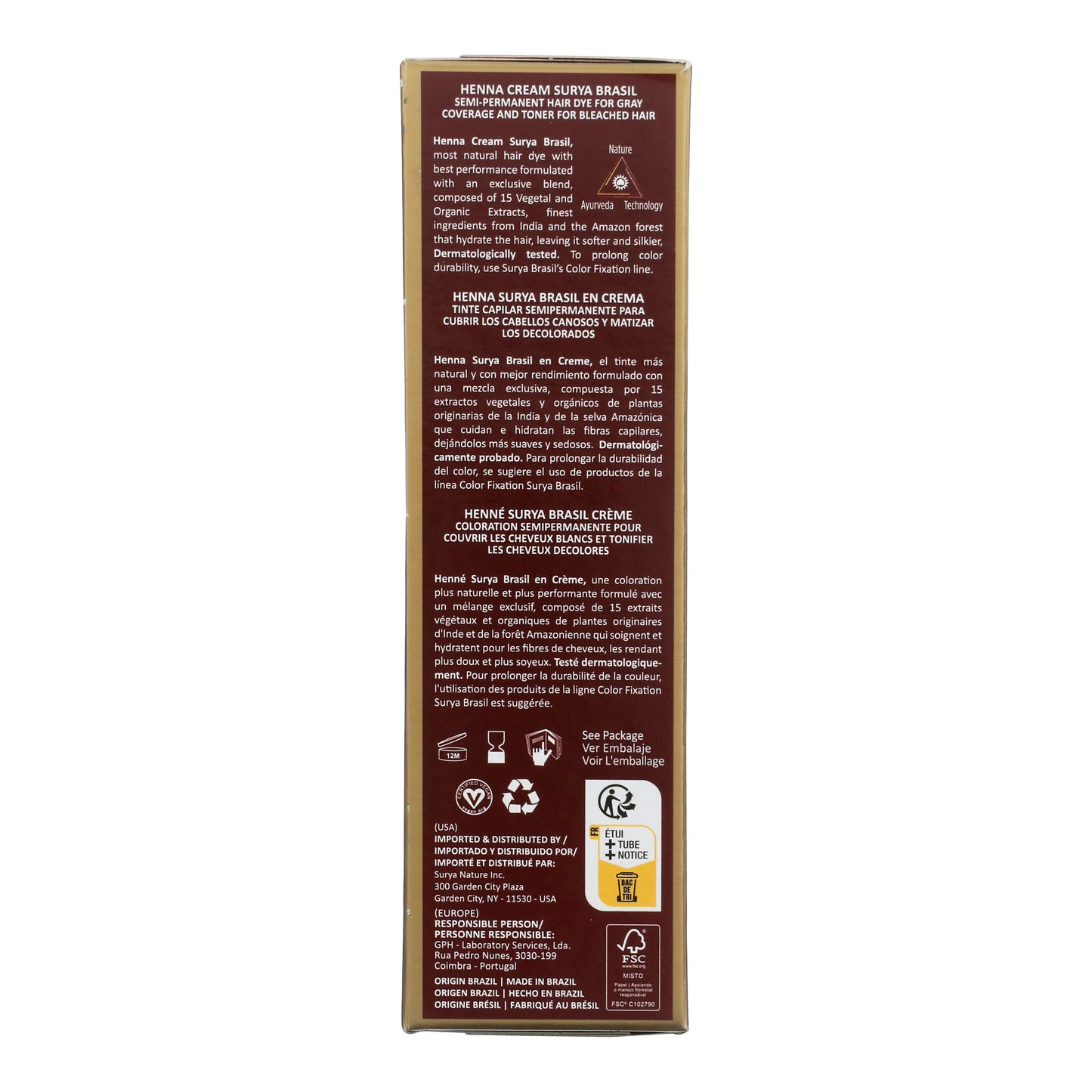 Back of Henna Cream Chocolate box detailing its natural formulation, usage advice, eco-conscious certifications, and benefits for gray coverage and hair nourishment.