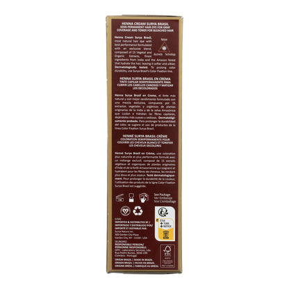 Back of Henna Cream Chocolate box detailing its natural formulation, usage advice, eco-conscious certifications, and benefits for gray coverage and hair nourishment.