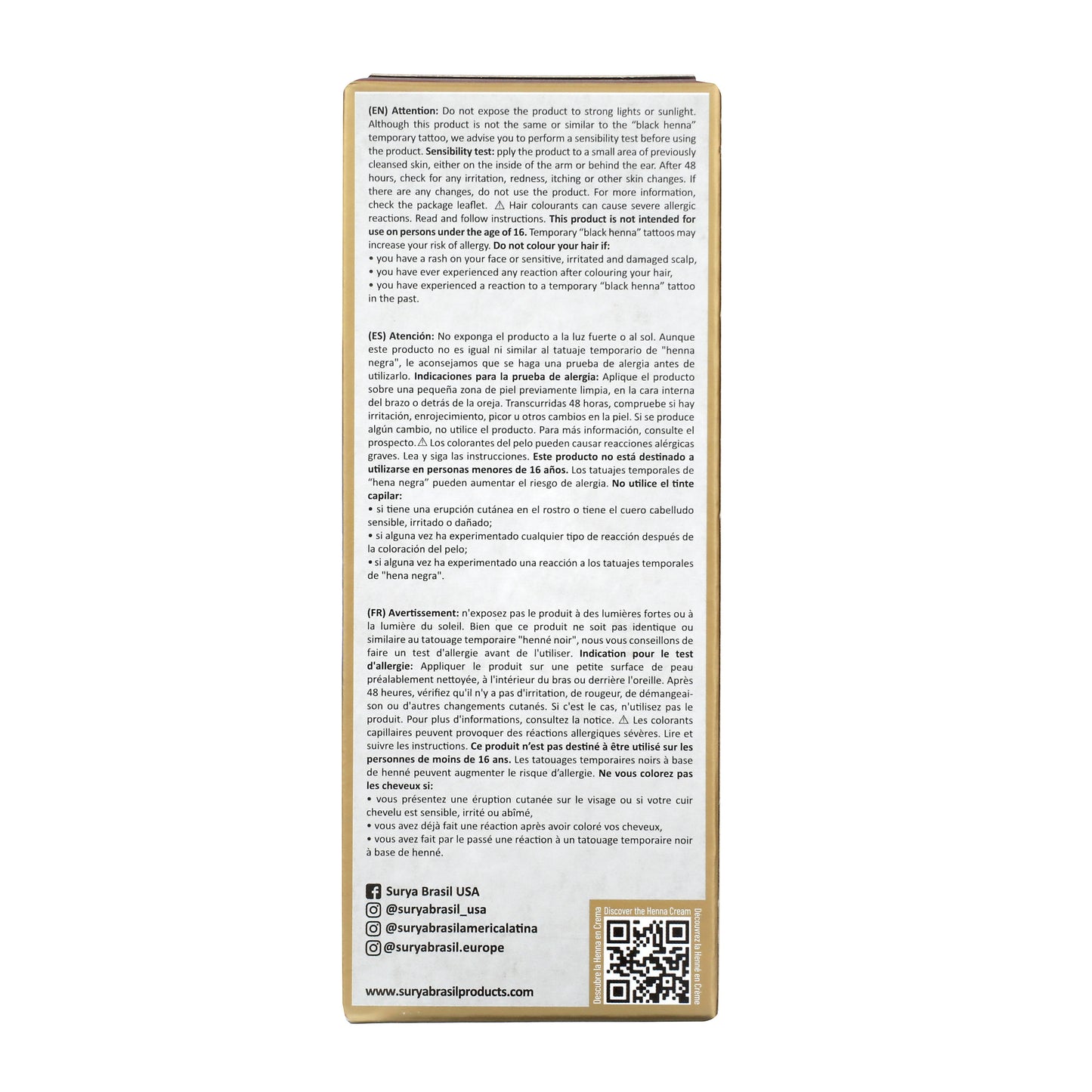 Surya Brasil Henna Cream Copper box back, displaying usage instructions, allergy warnings, social media, website, QR code for Henna Cream discovery, and product benefits.