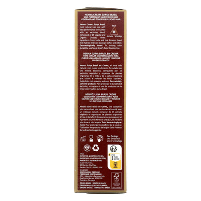 Henna Cream Copper box back panel showcasing product benefits, instructions in three languages, manufacturer details, and eco-friendly symbols. For natural, vibrant, semi-permanent hair coloring.