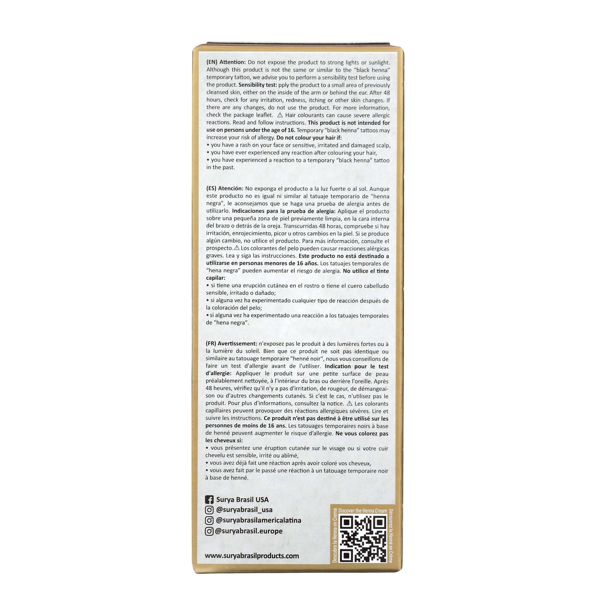 Back of Henna Cream Light Blonde box, showing safety instructions, social media handles, website, QR code, and a description emphasizing natural ingredients and eco-conscious beauty.