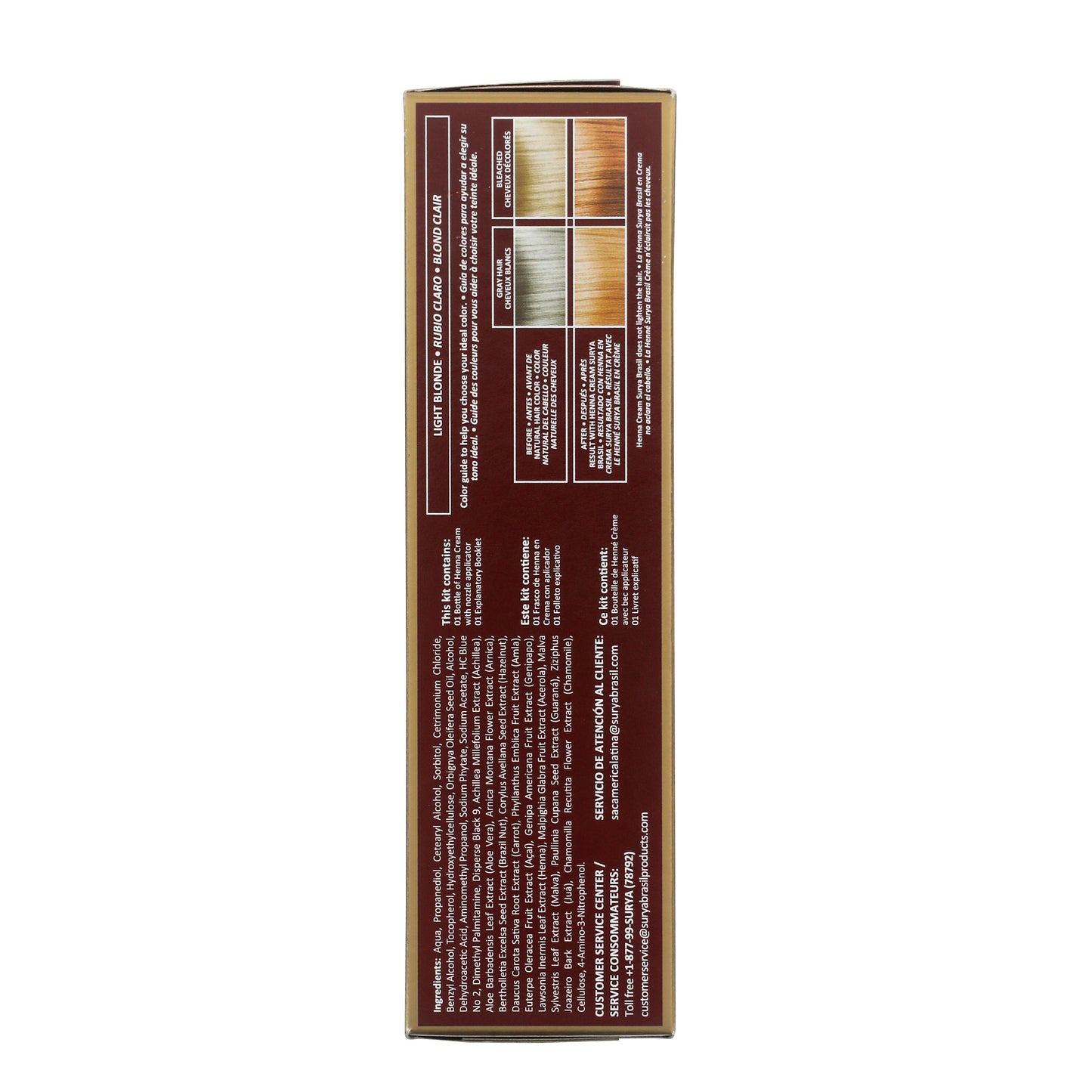 Henna Cream Light Blonde box back showing color-guide chart, multilingual shade name, ingredients, and contact info for Surya Brasil's natural, eco-friendly hair dye.