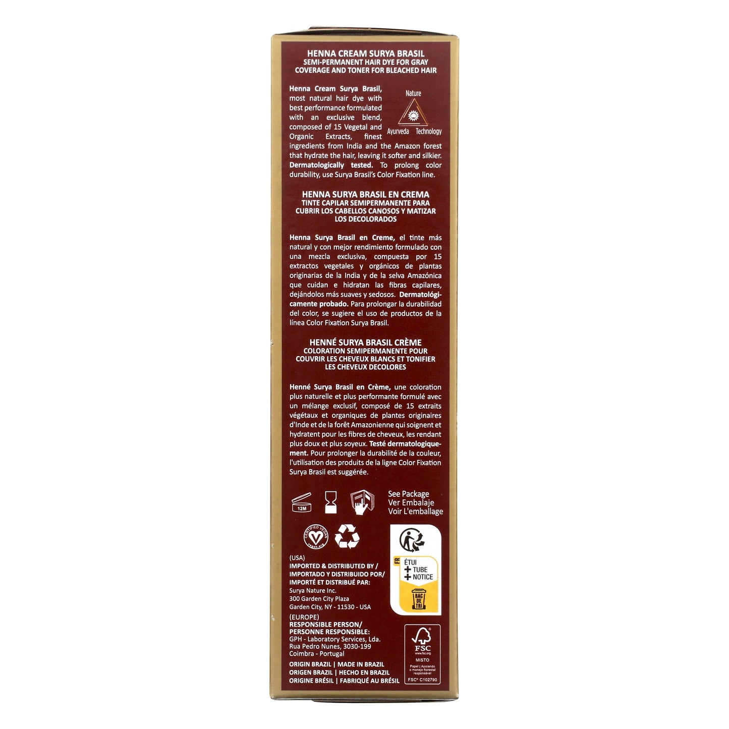 Back of Surya Brasil Henna Cream Light Blonde box, highlighting natural ingredients, gray coverage, eco-friendly features, and usage details for semi-permanent hair color.