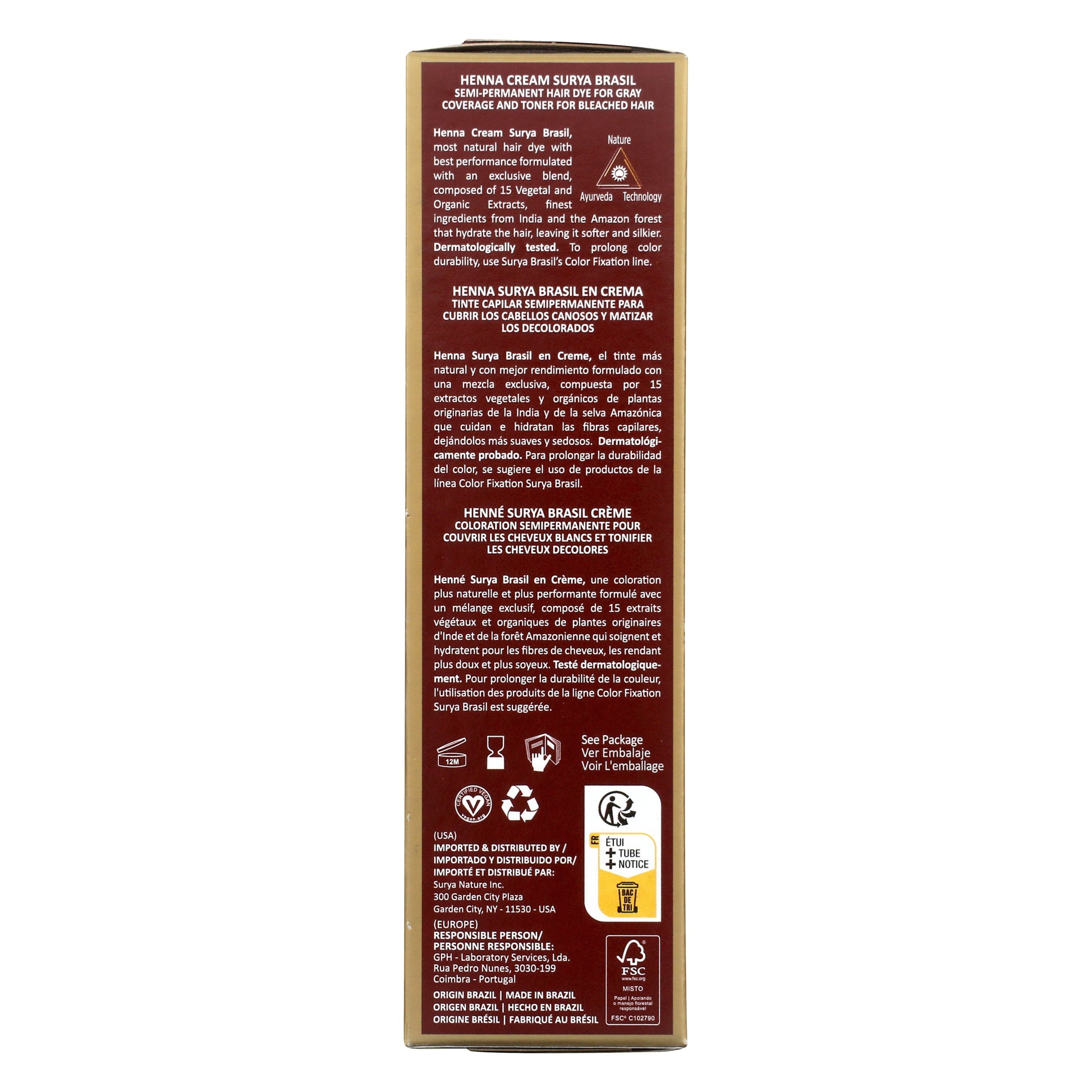 Back of Surya Brasil Henna Cream Light Blonde box, highlighting natural ingredients, gray coverage, eco-friendly features, and usage details for semi-permanent hair color.
