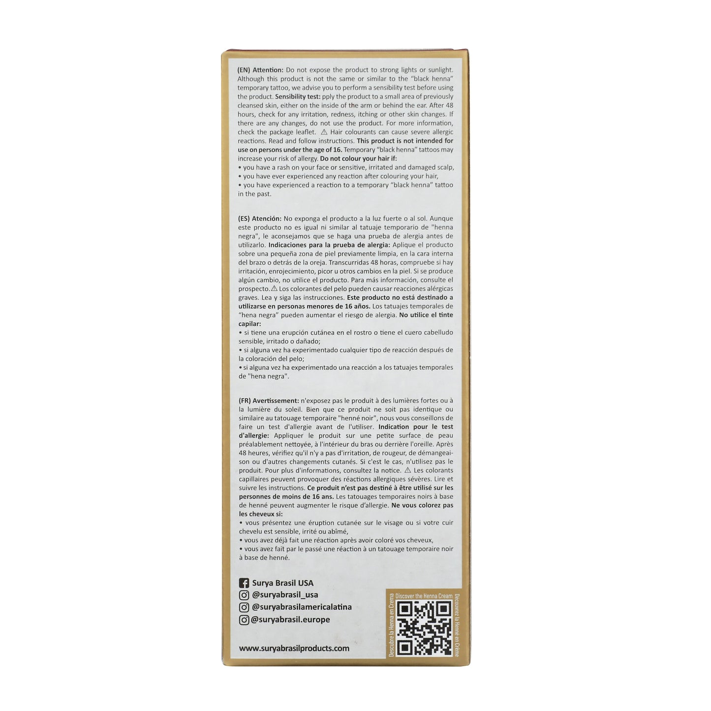 Back panel of Surya Brasil Henna Cream Mahogany box, featuring instructions, allergy test guide, social media, website, QR code, and product benefits emphasizing natural ingredients and sustainability.