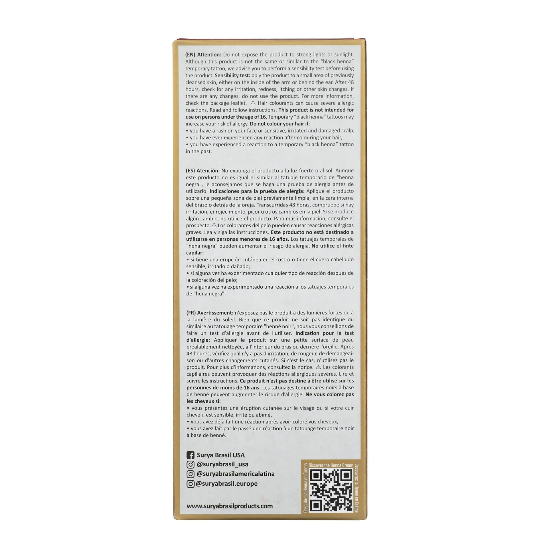 Back panel of Surya Brasil Henna Cream Mahogany box, featuring instructions, allergy test guide, social media, website, QR code, and product benefits emphasizing natural ingredients and sustainability.