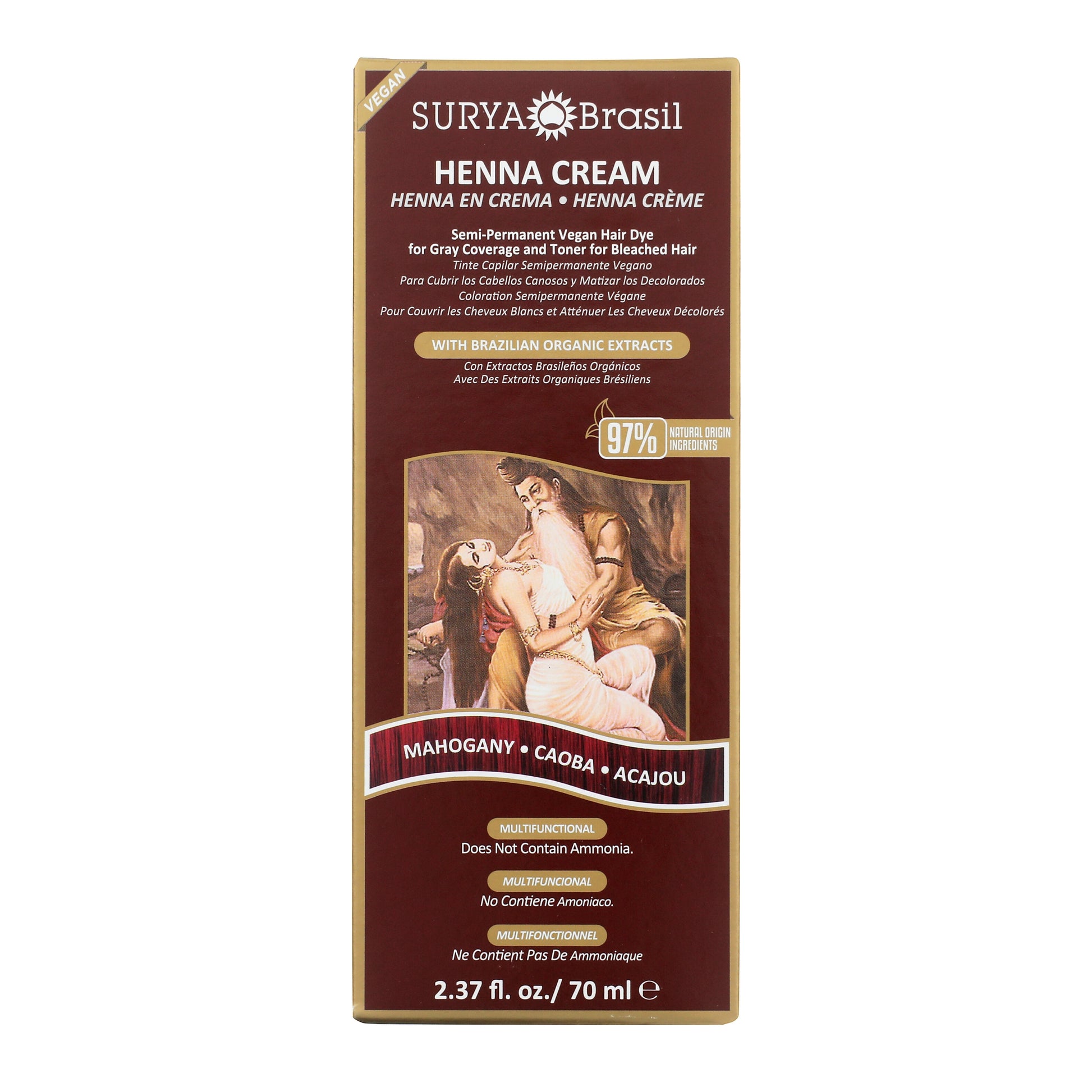 SURYA Brasil Henna Cream Mahogany box, showcasing semi-permanent vegan hair dye for gray coverage, featuring Brazilian organic extracts and 97% natural ingredients.