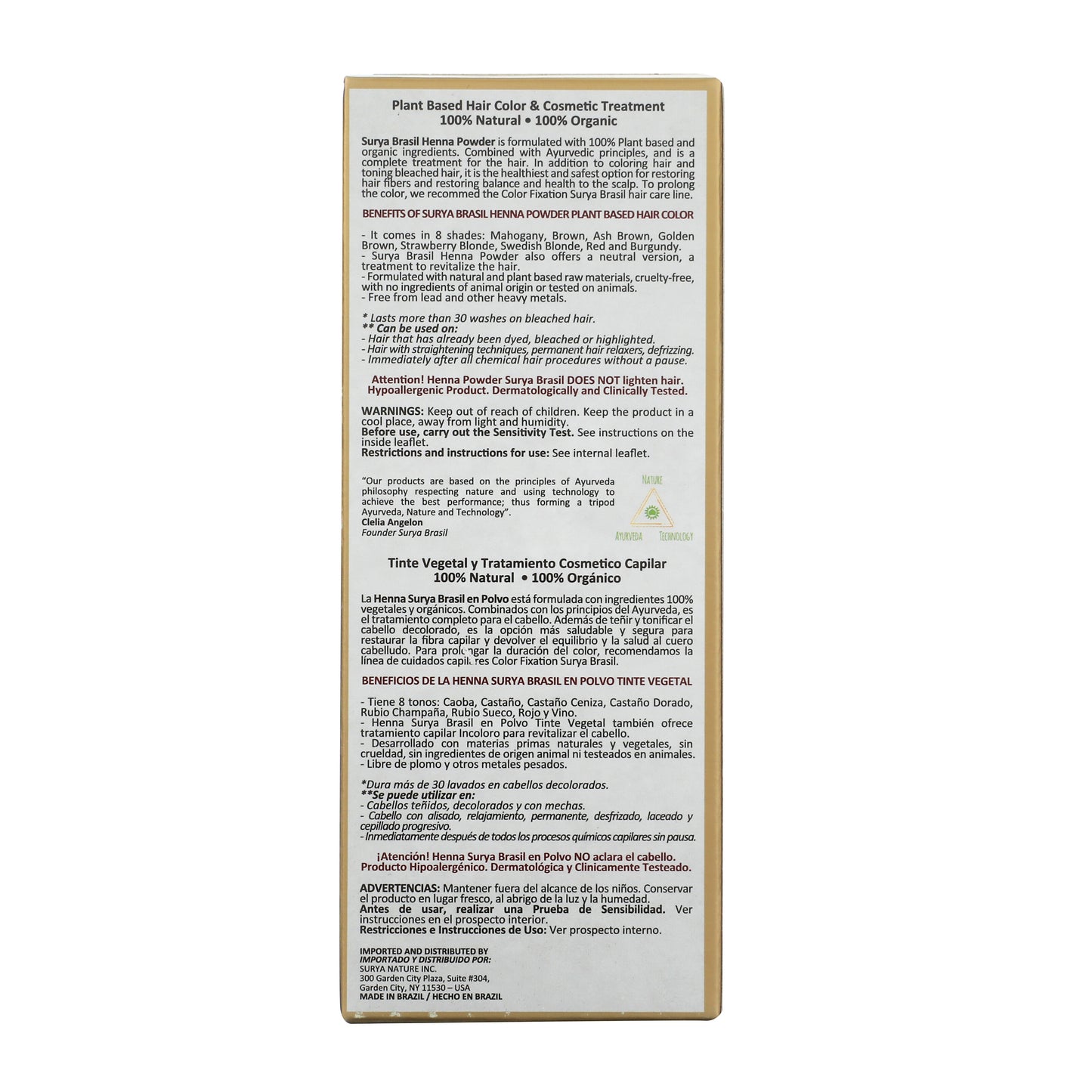 Back panel of Surya Brasil Henna Powder Neutral box, highlighting its 100% natural, plant-based hair treatment benefits, usage instructions, and sustainability information, including Ayurvedic and Amazonian botanicals.