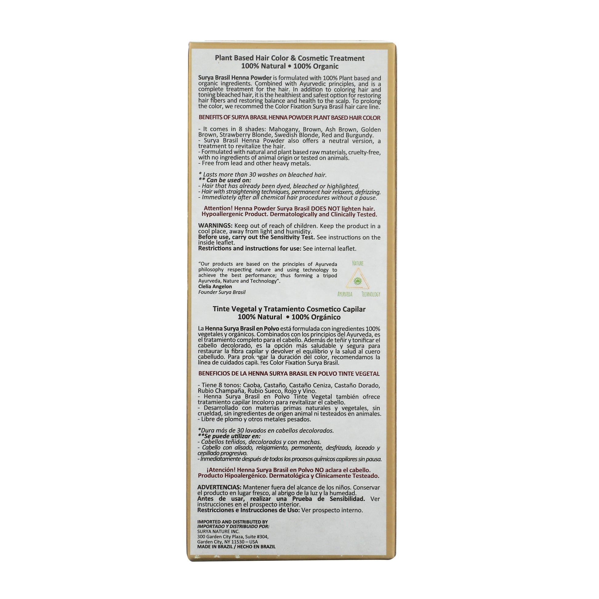 Back panel of Surya Brasil Henna Powder Neutral box, highlighting its 100% natural, plant-based hair treatment benefits, usage instructions, and sustainability information, including Ayurvedic and Amazonian botanicals.