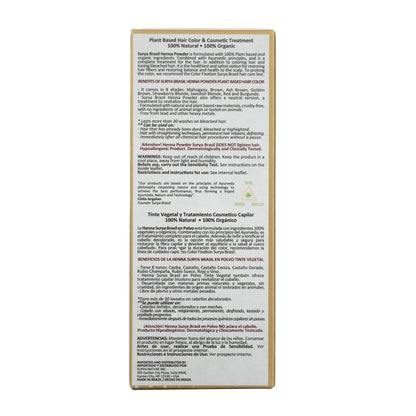 Back panel of Surya Brasil Henna Powder Neutral box, highlighting its 100% natural, plant-based hair treatment benefits, usage instructions, and sustainability information, including Ayurvedic and Amazonian botanicals.