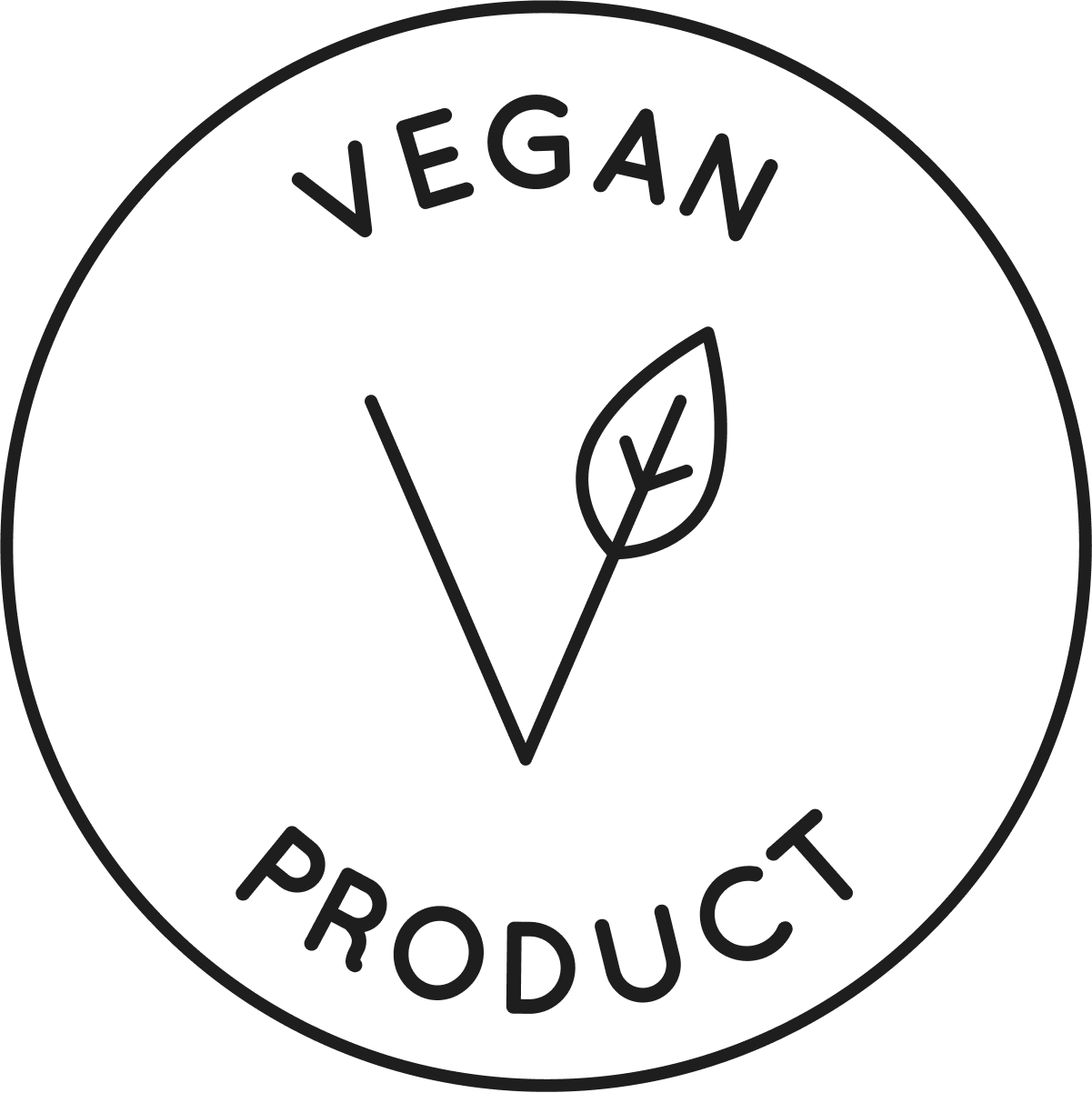 The image displays a circular logo with a minimalist design featuring the text "VEGAN PRODUCT" and a check mark incorporated with a leaf motif. This design, using white lines on a black background, symbolizes that the product is made without any animal-derived ingredients, aligning with vegan standards.