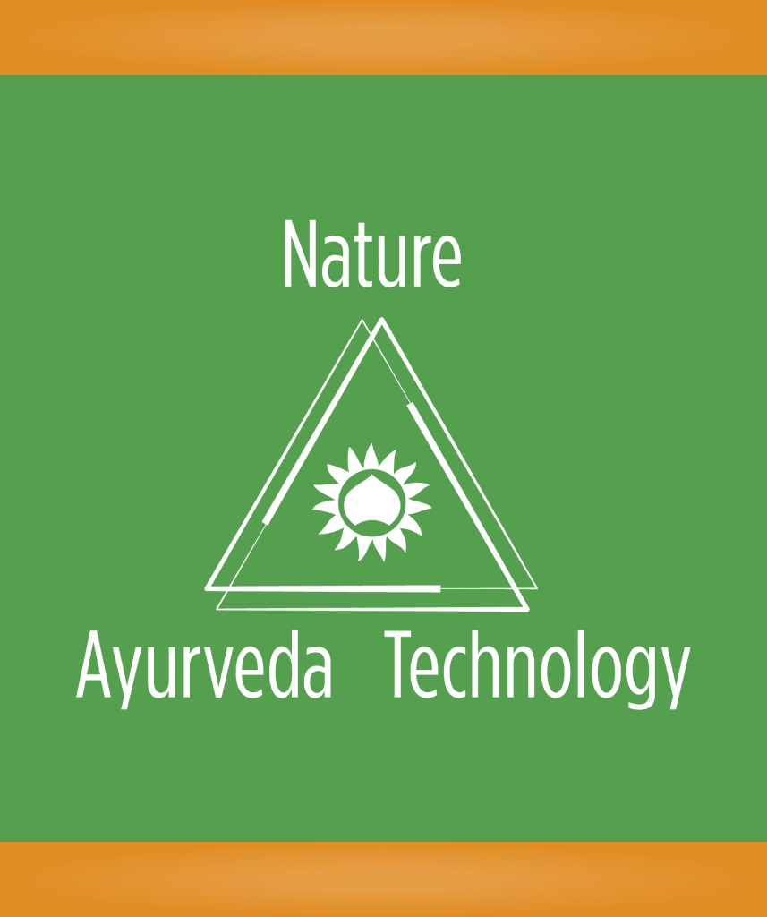 Logo with a green background displaying a triangle containing a sun icon. The words 'Nature,' 'Ayurveda,' and 'Technology' are arranged around the triangle, emphasizing the brand's focus on natural ingredients and holistic practices