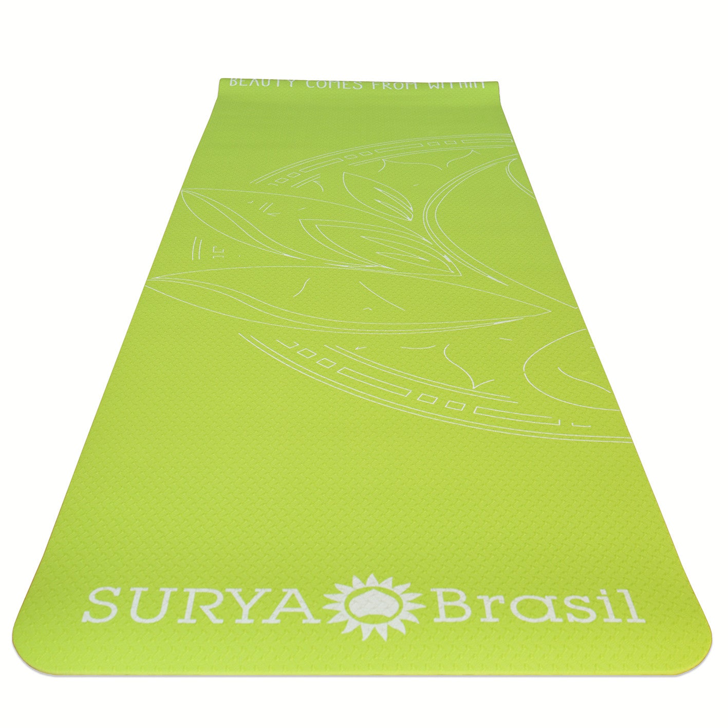 Eco-friendly Yoga Mat featuring a lotus flower design on green surface, with white text and lines. Dimensions: 72 x 24 x 1/4.