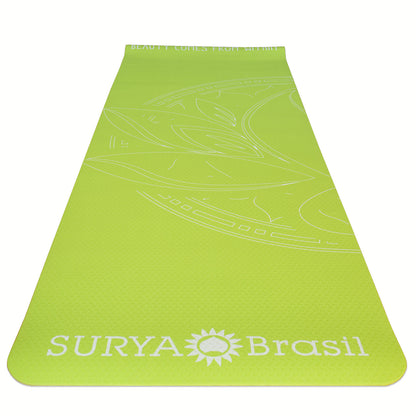 Eco-friendly Yoga Mat featuring a lotus flower design on green surface, with white text and lines. Dimensions: 72 x 24 x 1/4.