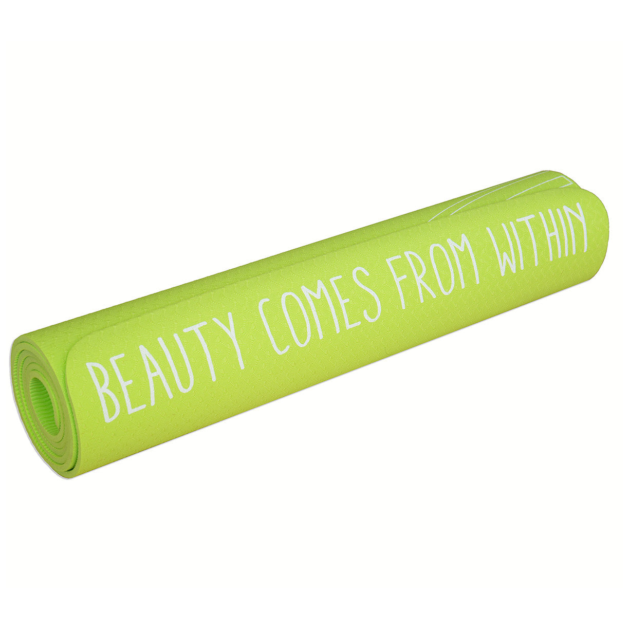 Rolled up eco-friendly yoga mat with lotus flower design and inspirational quote on green background. Dimensions: 72 x 24 x 1/4.
